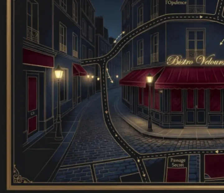 Plan stylisé d'arrivée nocturne vers Bistro Velours dans les rues de Paris