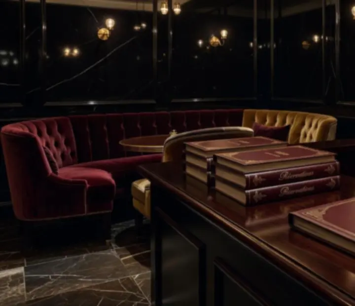 Table de réservation élégante au Bistro Velours avec lumière tamisée et ambiance de salon de jeux en arrière-plan