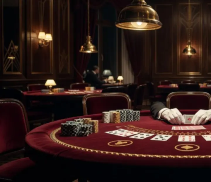 Table de blackjack artisanale avec tapis vert profond, jetons et lumière en laiton