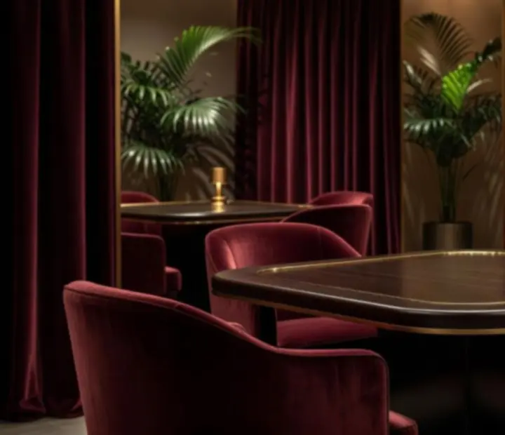 Alcôves privées du salon de jeux avec banquettes en velours et cloisons de séparation