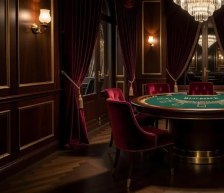 Salon du Salon de Bistro Velours avec table de blackjack et roulette, dans une lumière tamisée