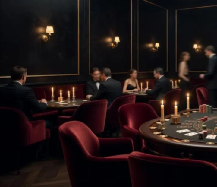 Vue d'ensemble du Velvet Salon de jeux avec tables de jeux, banquettes en velours et lumière tamisée