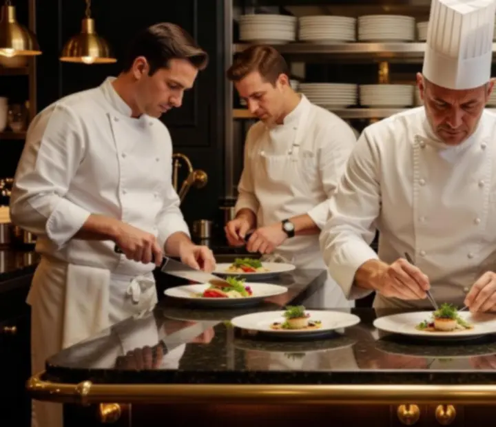 Brigade de cuisine du Bistro Velours en pleine pr&eacute;paration d'un service du soir