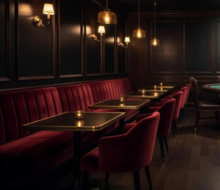 Intérieur tamisé de Bistro Velours avec banquettes en velours et table de blackjack