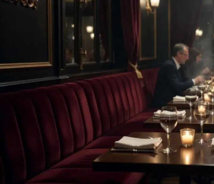 Table de bistro parisien en velours, lumi&egrave;re tamis&eacute;e et atmosph&egrave;re nocturne raffin&eacute;e