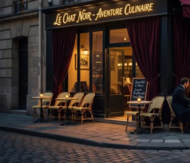 Rue parisienne de nuit avec lumière chaude filtrant d'un bistro intime