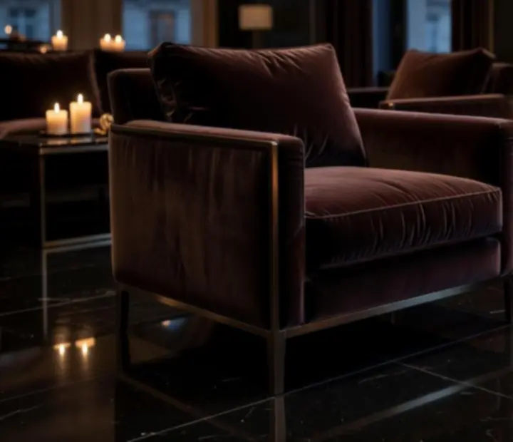 Ambiance tamisée du lounge avec murs sombres, velours bordeaux et lumière dorée