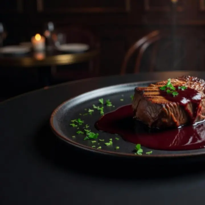 Assiette de plat principal dans une salle de restaurant sombre et élégante, avec viande rosée et sauce brillante