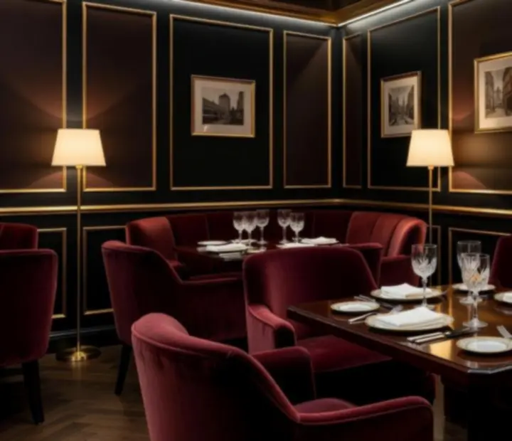 Salon privé de Bistro Velours, drapé de velours sombre avec tables dressées pour un événement nocturne.