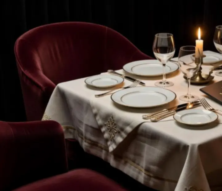 Table dressée dans une salle tamisée de Bistro Velours, avec nappes sombres, velours bordeaux et détails dorés