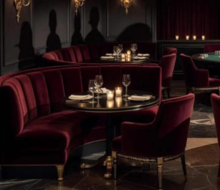 Intérieur parisien feutré de Bistro Velours, banquettes en velours et table de blackjack en arrière-plan